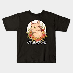 Make It Cool, Hand-Drawn Cute Cat with Floral Kids T-Shirt
